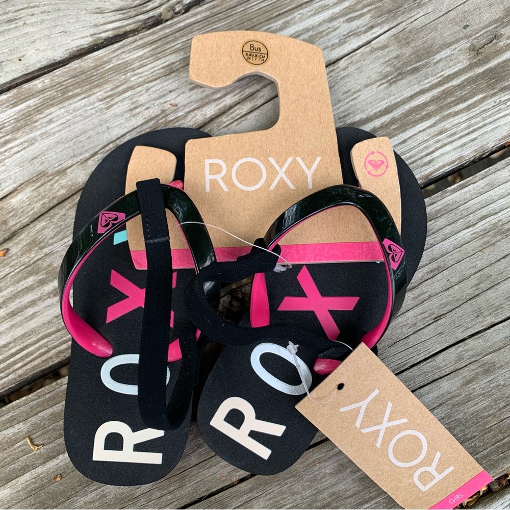 New girls Roxy flip flops with back strap pink, black and white- 8
